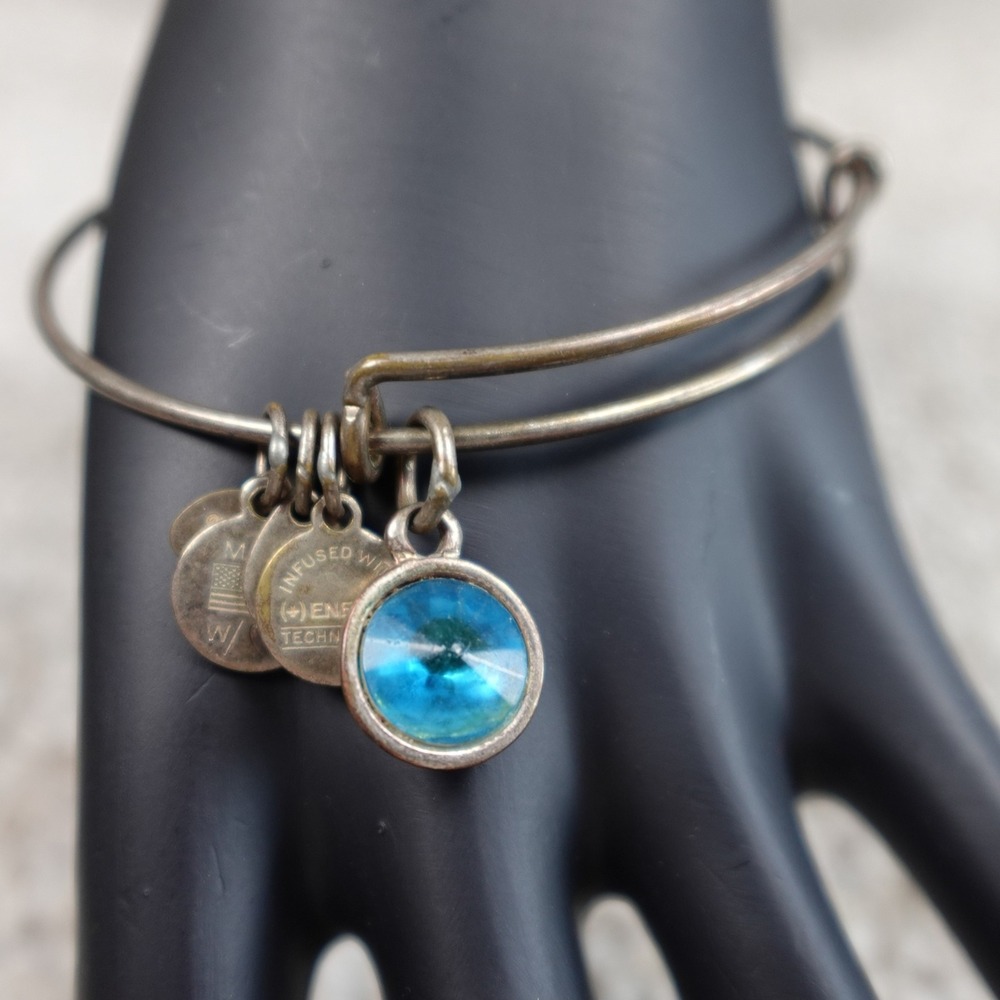 Alex and Ani Blue Crystal Charm Bangle Silver Tone Expandable Bracelet